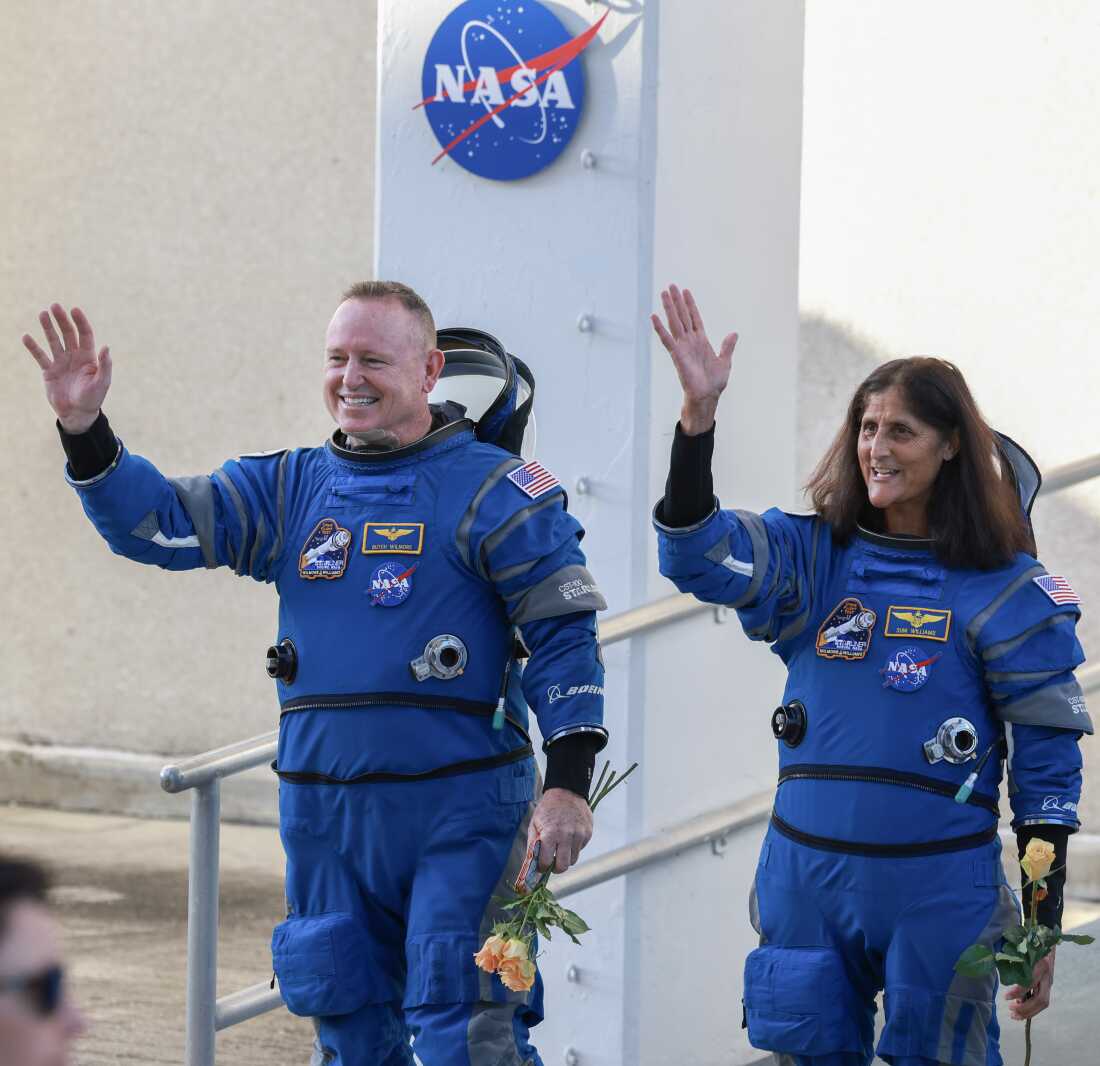 NASA’s Boeing Crew Flight Test Commander Butch Wilmore (L) and Pilot Suni Williams are shown heading to the launchpad for a mission to the International Space Station on June 5, 2024. The flight was supposed to last about eight days — but will now be about eight months for the astronauts.