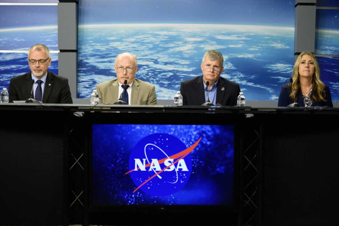 NASA Associate Administrator James Free (L-R), Associate Administrator Ken Bowersox, Commercial Crew Manager Steve Stich and International Space Station Program Manager Dana Weigel speak during a news conference to discuss plans to return two astronauts who remain stranded at the International Space Station, at Johnson Space Center in Houston, Texas, last Saturday.