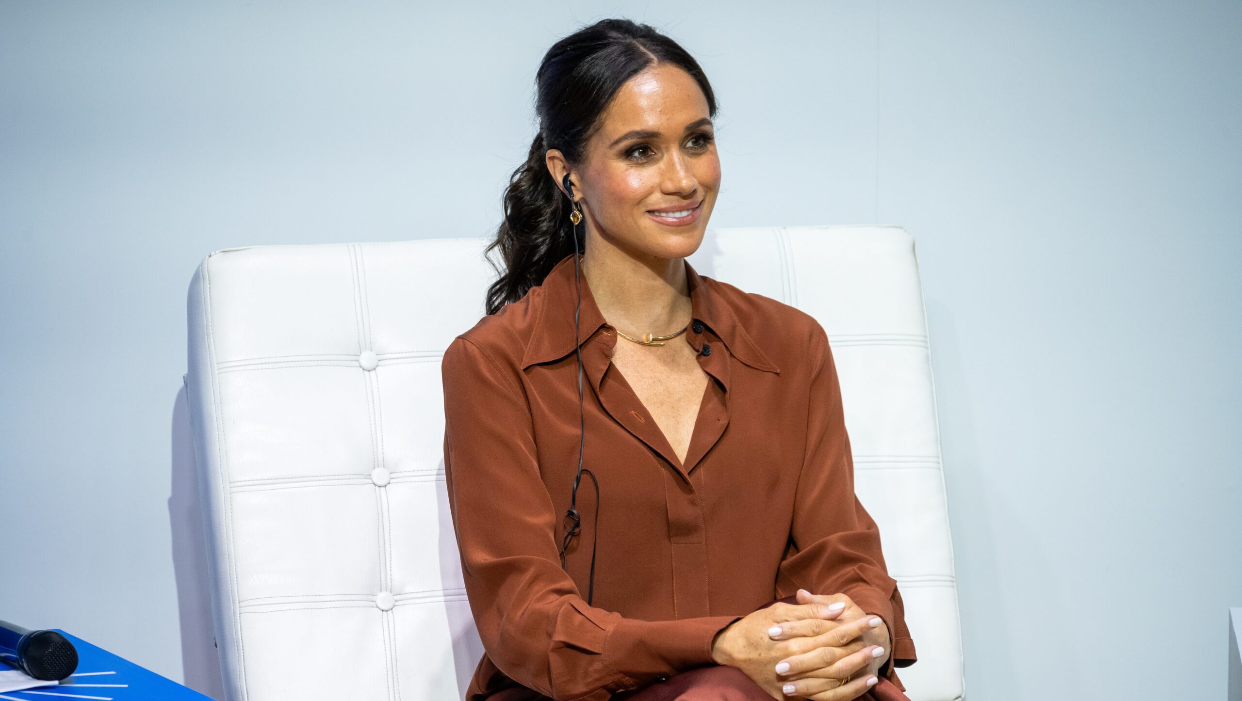 BOGOTA, COLOMBIA - AUGUST 15: Meghan, Duchess of Sussex, during a forum about digital responsibility at EAN University during a visit around Colombia on August 15, 2024 in Bogota, Colombia. (Photo by Diego Cuevas/Getty Images)