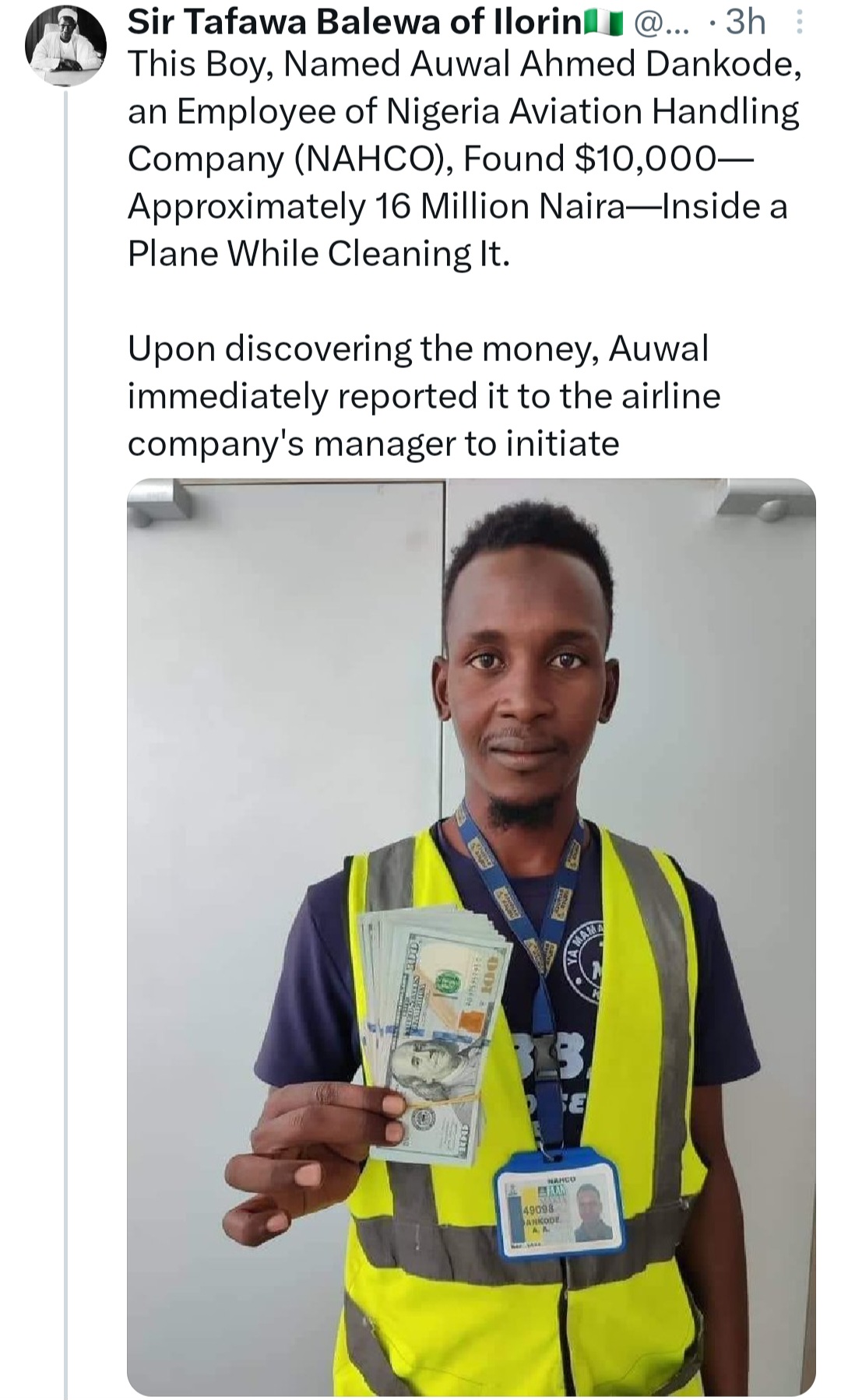 Kano airport cleaner returns $10,000 found in aircraft