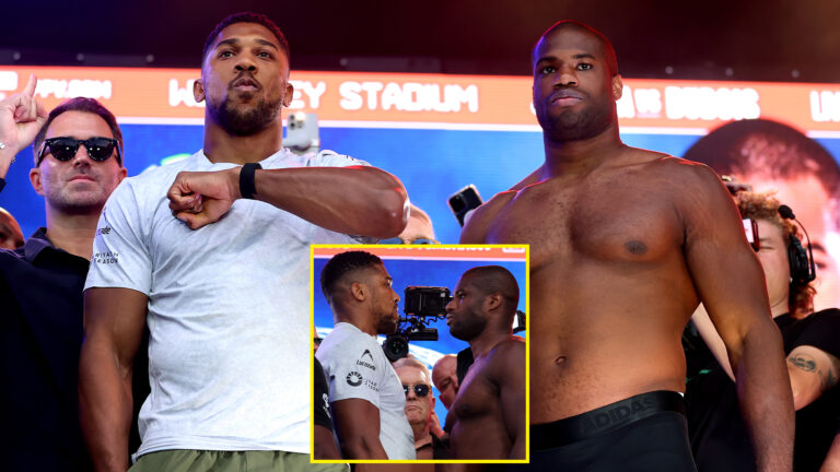 Anthony Joshua and Daniel Dubois show off ripped physiques as pair weigh just 4lbs apart ahead of fight