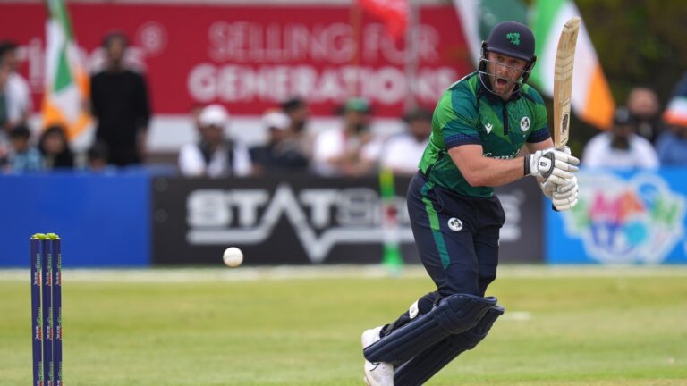 Ireland's Ross Adair batting during the third T20 international at the Castle Avenue Cricket Ground, Dublin. Picture date: Tuesday May 14, 2024.