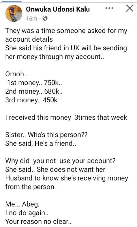 Nigerian man recalls time a married woman used his account to receive money from a 