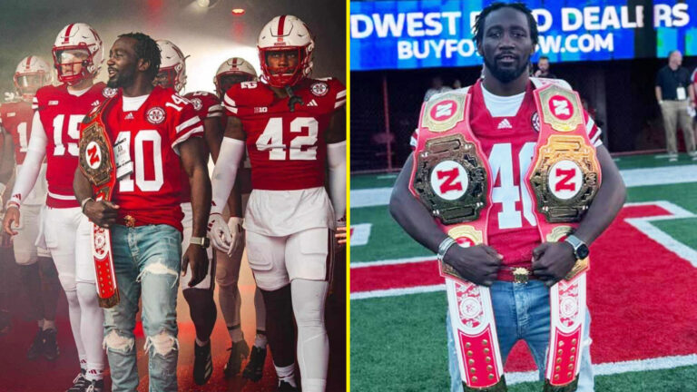 Terence Crawford carries custom-made belt as he walks out Nebraska Huskers in front of 87,000 fans