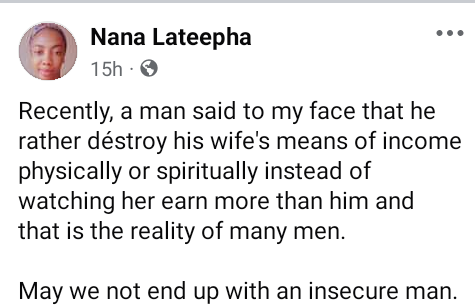 Lady reveals how a man told her he would rather destroy his wife