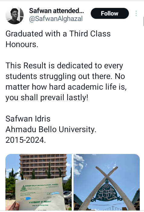 Young man celebrates as he graduates with 3rd Class from Ahmadu Bello University after 9 years