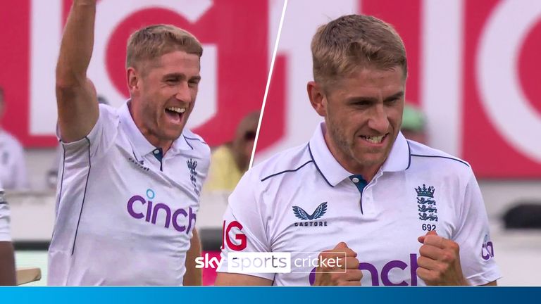 Ollie Stone takes the wicket of Milan Rathnayake on day three of England&#39;s third Test against Sri Lanka.