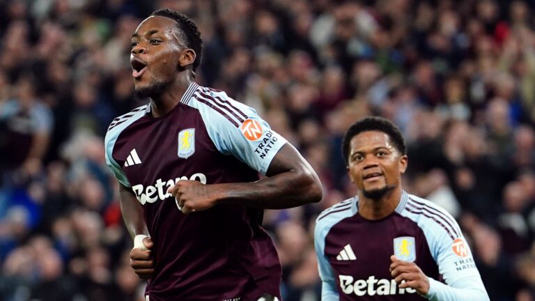 Jhon Duran celebrates after putting Aston Villa 2-0 up against Bologna in the Champions League