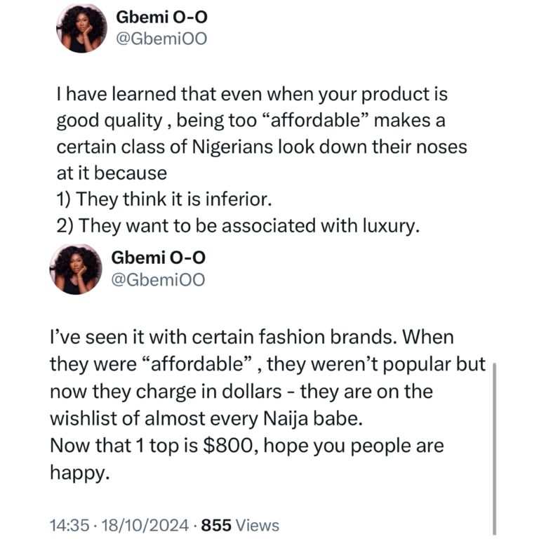 OAP/entrepreneur, Gbemi OO shares her thoughts on how a certain class of Nigerians look down on ?affordable? products