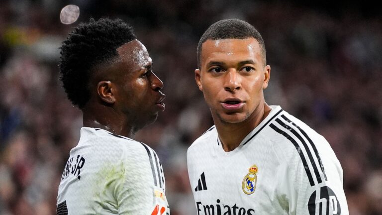 Kylian Mbappe of Real Madrid celebrates a goal dimissed by VAR during the Spanish league, La Liga EA Sports, football match played between Real Madrid and FC Barcelona at Santiago Bernabeu stadium on October 26, 2024, in Madrid, Spain. AFP7 26/10/2024 (Europa Press via AP)