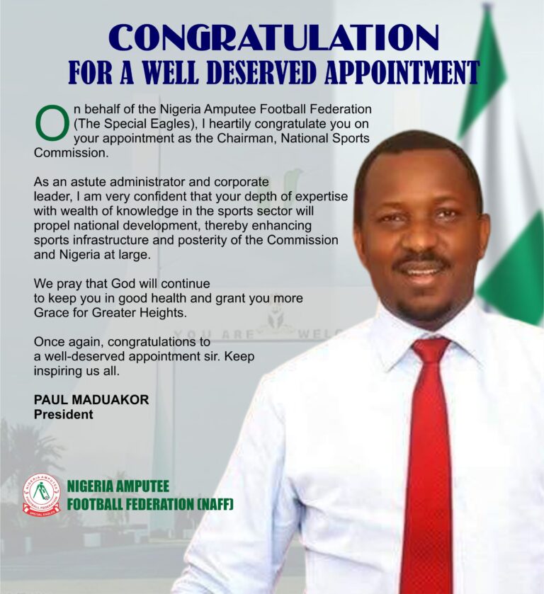 Nigerian Amputee Football Federation Extends Congratulations To New National Sports Commission Chairman