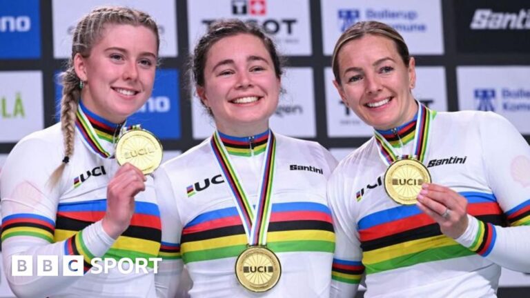 Track World Championships: British cycling trio win women’s team sprint gold