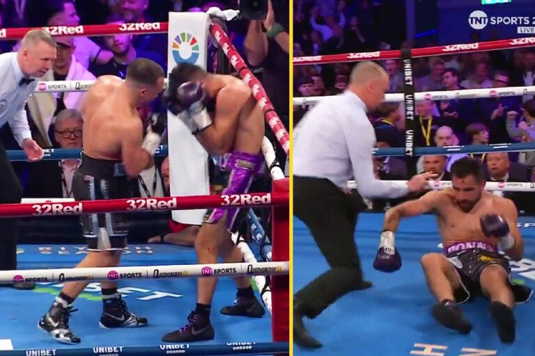 Undefeated British world champion branded ‘mini Mike Tyson’ pummels challenger through the ropes and forces his corner to stop the fight