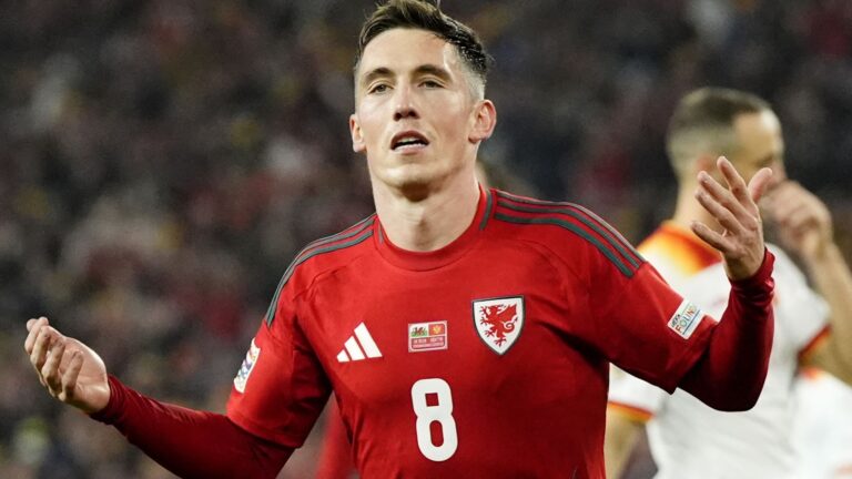 Harry Wilson celebrates scoring from the penalty spot to put Wales 1-0 up against Montenegro