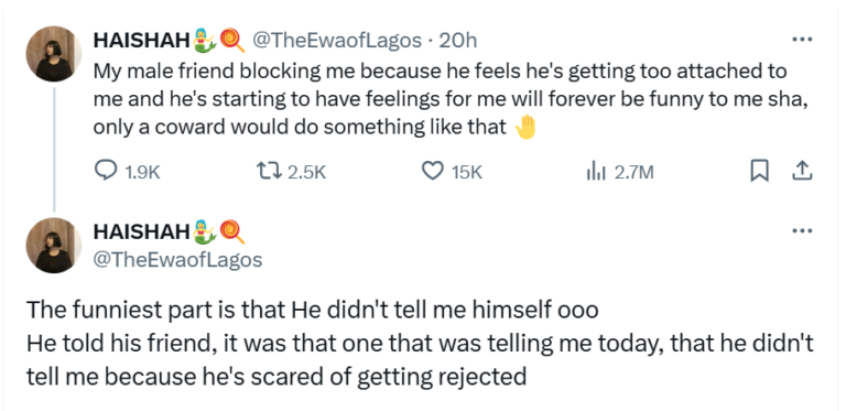 Only a coward will do something like that - Nigerian lady calls out male friend who blocked her after he began catching feelings for her