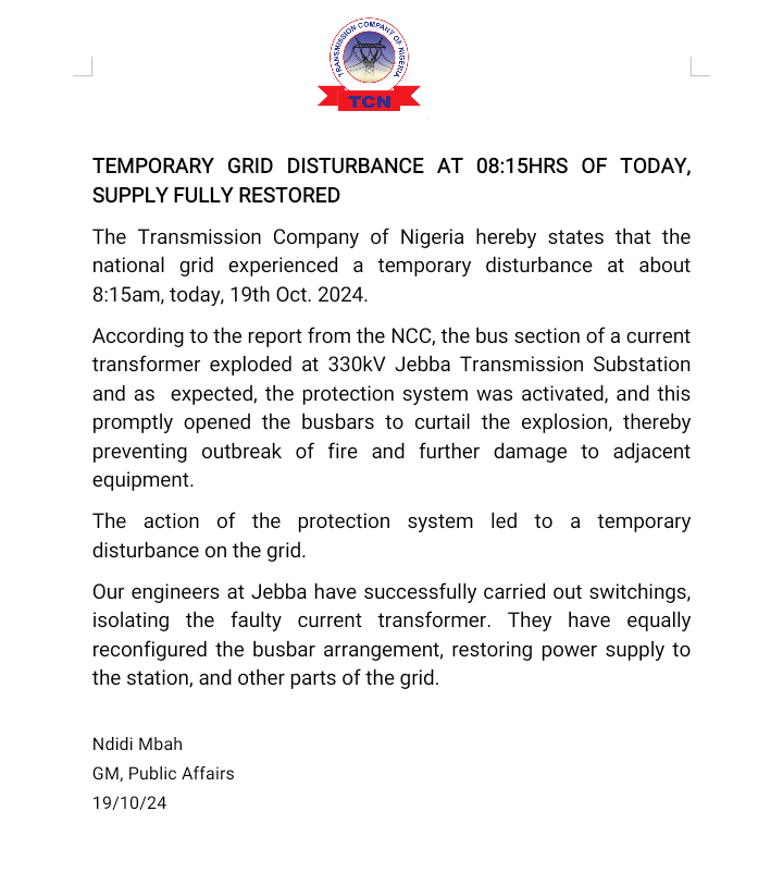 TCN confirms restoration of National Grid, says recent explosion was due to transformer explosion at Jebba substation