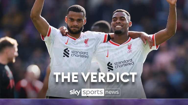 Liverpool&#39;s Cody Gakpo, centre left, Ryan Gravenberch, centre, and Diogo Jota celebrate after the English Premier League soccer match between Crystal Palace and Liverpool at Selhurst Park in London, Saturday, Oct. 5, 2024.