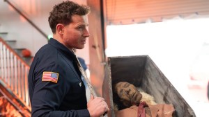 Oliver Stark with the prop dummy in the "9-1-1" episode "Masks"