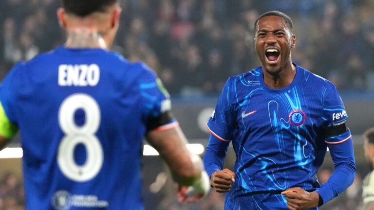 Chelsea's Tosin Adarabioyo, right, celebrates after scoring his side's first goal during the Europa Conference League opening phase soccer match between Chelsea and FC Noah at Stamford Bridge stadium in London Thursday, Nov. 7, 2024. (AP Photo/Frank Augstein)