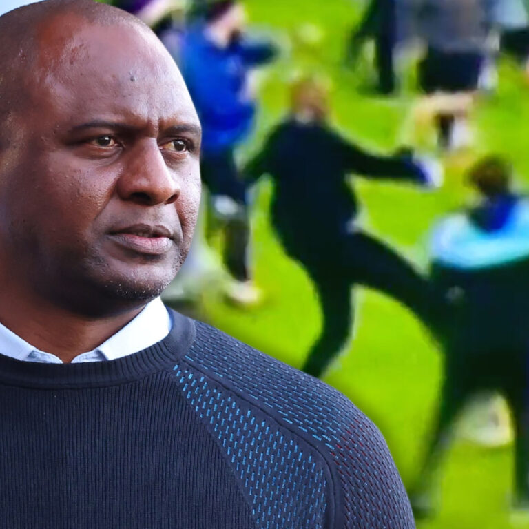 Watch moment Crystal Palace manager, Patrick Vieira kicks Everton fan during pitch invasion (Video)