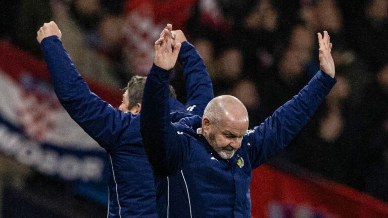 GLASGOW, SCOTLAND  - NOVEMBER 15: Scotland Head Coach Steve Clarke and Assistant John Carver celebrate as John McGinn scores to make it 1-0 during the UEFA Nations League 2024/25 League A Group A1 match between Scotland and Croatia at Hampden Park, on November 15, 2024, in Glasgow, Scotland. (Photo by Craig Williamson / SNS Group)