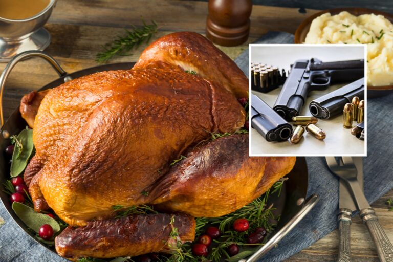 roast turkey with inset image of gun