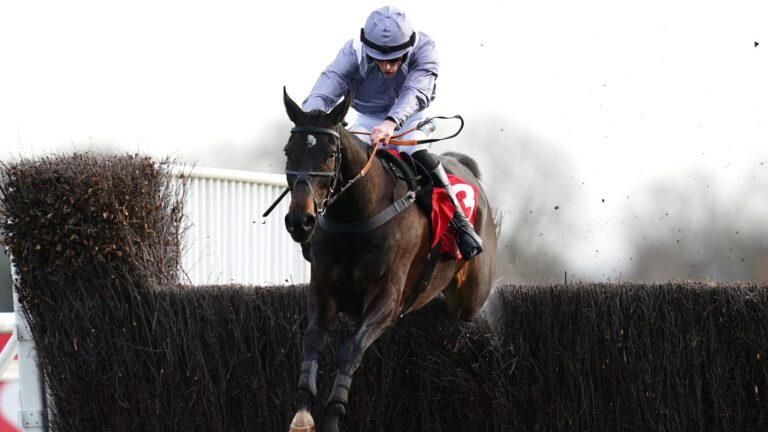 Il Est Francais jumps the last under James Reveley at Kempton