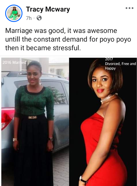 Marriage was good until the constant demand for poyo poyo then it became stressful - Nigerian lady says as she shares photos of herself while married and after divorce