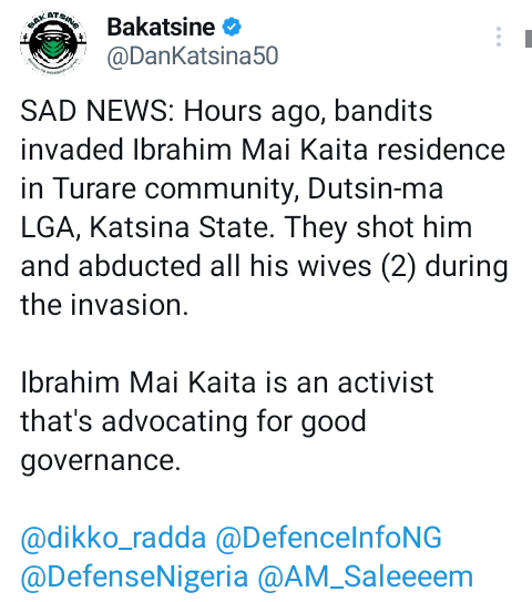 Bandits attack Katsina community, shoot activist and abduct his two wives