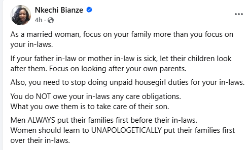 If your father in-law or mother in-law is sick, let their children look after them. Focus on your own parents - Nigerian woman advises married women