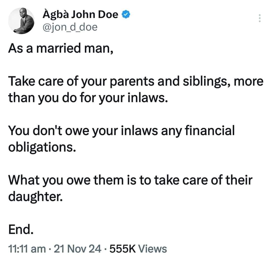 If your father in-law or mother in-law is sick, let their children look after them. Focus on your own parents - Nigerian woman advises married women