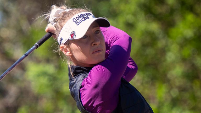 Nelly Korda tees off on the first hole during the first round of the  LPGA CME Group Tour Championship golf tournament Thursday, Nov. 21, 2024, in Naples, Fla. (AP Photo/Chris Tilley)