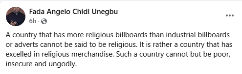 A country that has more religious billboards than industrial billboards will be poor, insecure and ungodly - Nigerian Catholic priest says