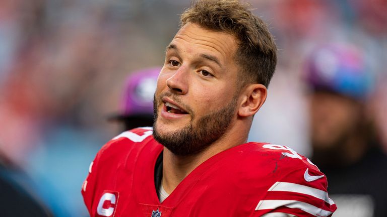 San Francisco 49ers defensive end Nick Bosa (97) looks on during an NFL football game against the Carolina Panthers on Sunday, Oct. 9, 2022, in Charlotte, N.C. (AP Photo/Jacob Kupferman)